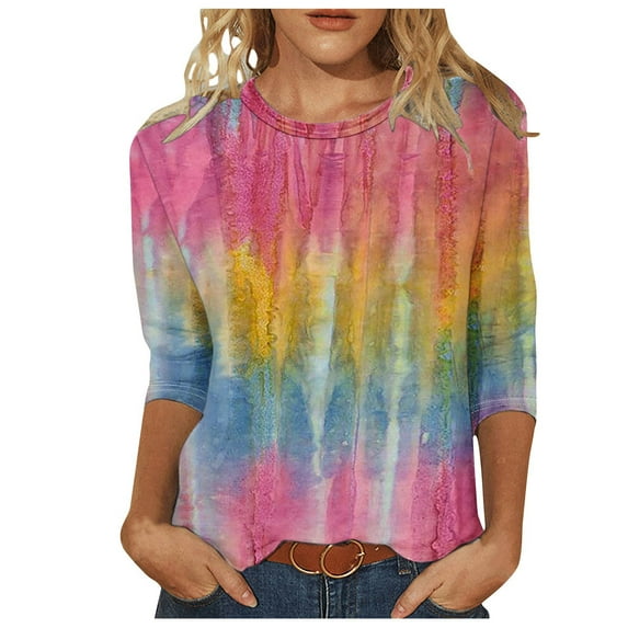 Htigea 3/4 Sleeve T-shirt for Women Trendy Tie-Dye Plus Size Blouse Summer Loose Fit Lightweight Tunics Tops Casual Outdoor Party Pullover