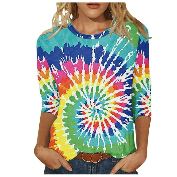Htigea 3/4 Sleeve T-shirt for Women Trendy Tie-Dye Plus Size Blouse Summer Loose Fit Lightweight Tunics Tops Casual Outdoor Party Pullover