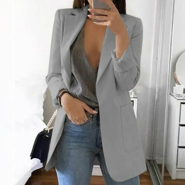 Htigea 2025 Fall Savings Women's Solid Blazer Boyfriend Style Open Front Blazer Elegant Work Jacket Coat Outwear with 2 Pockets Fall Winter Slim Business Office Jackets