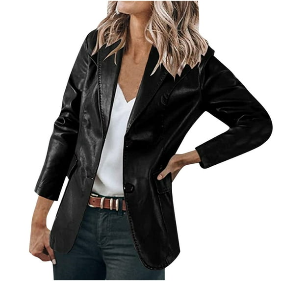 Htigea 2025 Fall Savingss Womens Leather Blazer Jacket Long Sleeve Button Coat with Pockets Trendy Solid Color Slim Lapel Outwear Fall Winter Holiday Party Leather Blazers Jackets