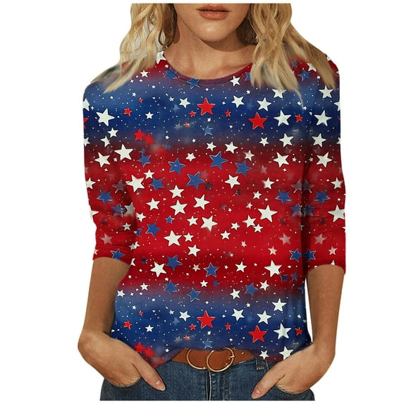 Htigea 2025 Women 3/4 Sleeve Shirts 4th of July Independence Day Clothes Cute Red White and Blue Print T-Shirt for Holiday Party Today Sales Red,2XL