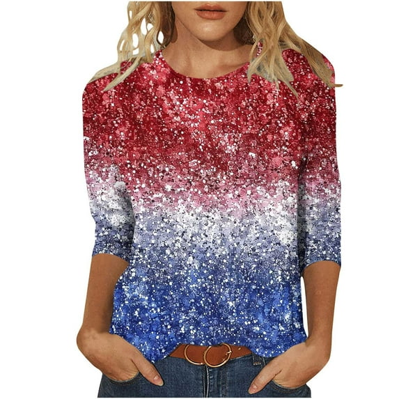 Htigea 2025 Women 3/4 Sleeve Shirts 4th of July Independence Day Clothes Cute Red White and Blue Print T-Shirt for Holiday Party Today Sales Wine,2XL