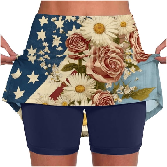 Htigea 250th Anniversary Skorts for Women Fourth of July High Waisted Golf Athletic Skort Trendy Stars Stripes Flower Print Skirts with Built in Shorts ZA Dark Blue XXXXL