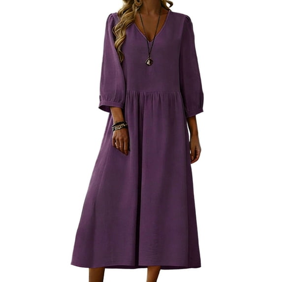 Htigea 3/4 Length Sleeve Dress for Women Casual V-Neck Pleated Dresses Spring Summer Loose Beach Vacation Long Dress Purple XXL