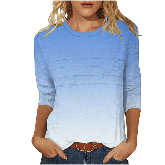 Htigea 3/4 Length Sleeve T Shirt for Women Dressy Casual Tee Cute Tops Trendy Gradient Color Print Pullover Crewneck Shirts Light Blue,L