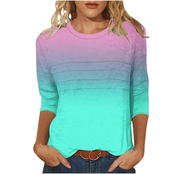 Htigea 3/4 Length Sleeve T Shirt for Women Dressy Casual Tee Cute Tops Trendy Gradient Color Print Pullover Crewneck Shirts Sky Blue,L