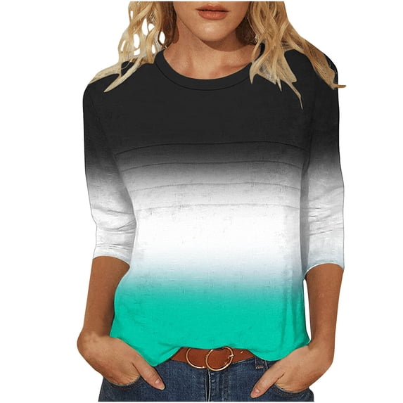 Htigea 3/4 Length Sleeve T Shirt for Women Dressy Casual Tee Cute Tops Trendy Gradient Color Print Pullover Crewneck Shirts White,M