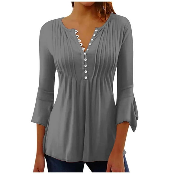 Htigea 3/4 Length Sleeve T-Shirts for Women Pleated V Neck Tunic Tops Button Down Pullover Flare Sleeves Casual Tee Gray,M