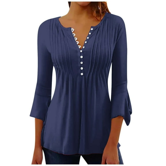 Htigea 3/4 Length Sleeve T-Shirts for Women Pleated V Neck Tunic Tops Button Down Pullover Flare Sleeves Casual Tee Navy,XL