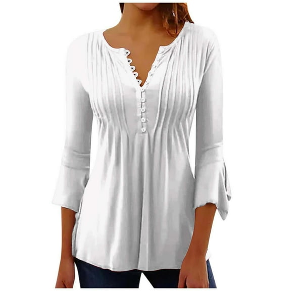 Htigea 3/4 Length Sleeve T-Shirts for Women Pleated V Neck Tunic Tops Button Down Pullover Flare Sleeves Casual Tee White,L