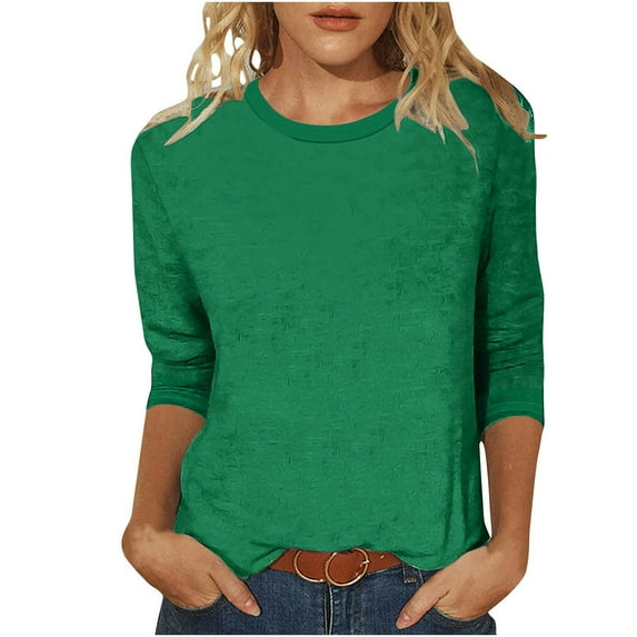 Htigea 3/4 Length Sleeve Tshirts for Women Summer Crew Neck Pullover Top Tunic Tees Solid Color Casual Blouses Army Green,S