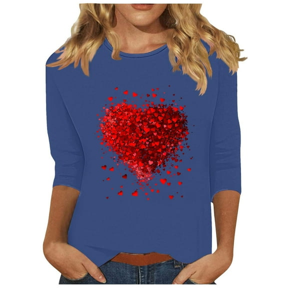 Htigea 3/4 Length Sleeve Womens Tops Cute Heart Graphic Tunic Tshirt Casual Loose Fit Tees Comfy Breathable T Shirts Blue,S