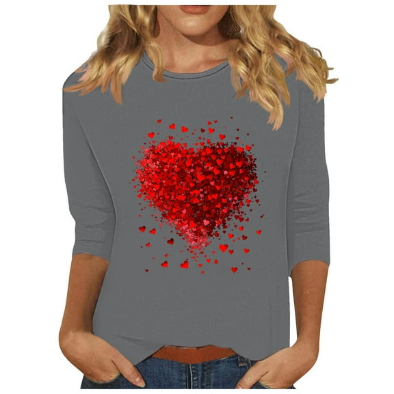 Htigea 3/4 Length Sleeve Womens Tops Cute Heart Graphic Tunic Tshirt Casual Loose Fit Tees Comfy Breathable T Shirts Gray,3XL