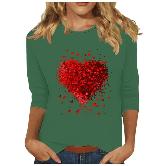 Htigea 3/4 Length Sleeve Womens Tops Cute Heart Graphic Tunic Tshirt Casual Loose Fit Tees Comfy Breathable T Shirts Green,2XL