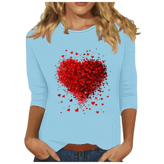 Htigea 3/4 Length Sleeve Womens Tops Cute Heart Graphic Tunic Tshirt Casual Loose Fit Tees Comfy Breathable T Shirts Light Blue,S