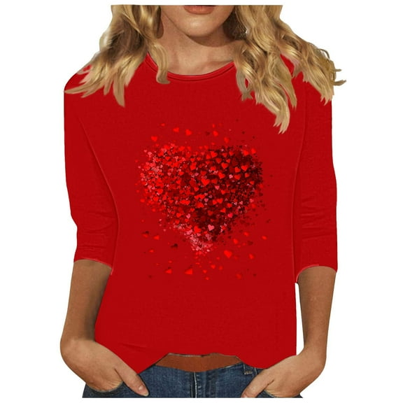Htigea 3/4 Length Sleeve Womens Tops Cute Heart Graphic Tunic Tshirt Casual Loose Fit Tees Comfy Breathable T Shirts Red,3XL
