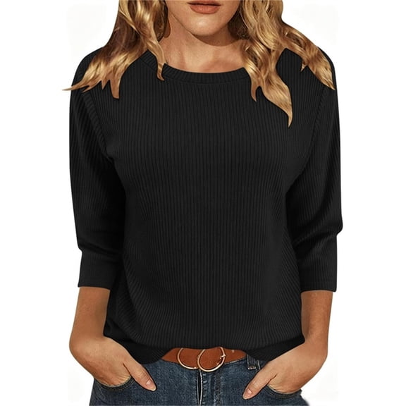 Htigea 3/4 Length Sleeves Womens Tops Ribbed Crew Neck T Shirts Loose Fit Casual Tunic Blouses for Daily Black S
