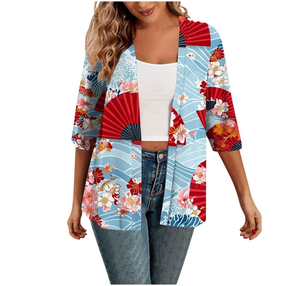 Htigea 3/4 Sleeve Cardigan for Women Color Block Open Front Comfy Cardigans Blouses Lightweight Tops A Blue,S