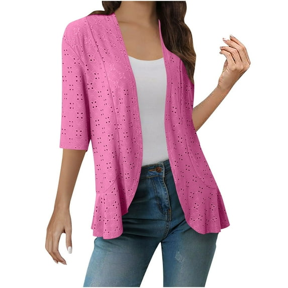 Htigea 3/4 Sleeve Cardigan for Women Eyelet Short Sleeve Boho Oversized Open Front Knitted Cardigans Hot Pink,S