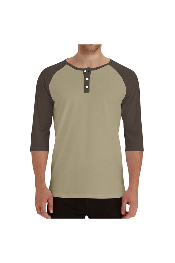 3/4 Sleeve Henley Shirts for Men Raglan Crewneck Pullover Trendy Color Block Baseball T-Shirt Top Khaki XXL