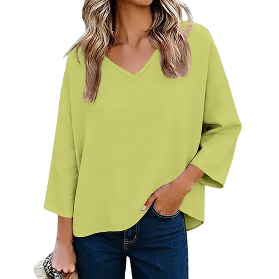 Htigea 3/4 Sleeve Linen T-Shirt for Women Casual V-Neck Tees Solid Color Loose Fit Pullover Boho Summer Beach Tops Green XXL