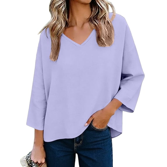 Htigea 3/4 Sleeve Linen T-Shirt for Women Casual V-Neck Tees Solid Color Loose Fit Pullover Boho Summer Beach Tops Purple M