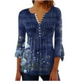 thumbnail image 1 of Htigea 3/4 Sleeve T Shirts for Women Floral Printed Buttons Pleated Casual Tunic Top Blouse Loose Fit Tees Blue,S, 1 of 5
