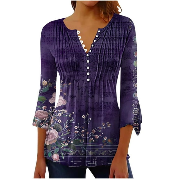 Htigea 3/4 Sleeve T Shirts for Women Floral Printed Buttons Pleated Casual Tunic Top Blouse Loose Fit Tees Purple,S