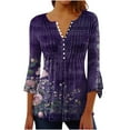 thumbnail image 1 of Htigea 3/4 Sleeve T Shirts for Women Floral Printed Buttons Pleated Casual Tunic Top Blouse Loose Fit Tees Purple,XL, 1 of 5