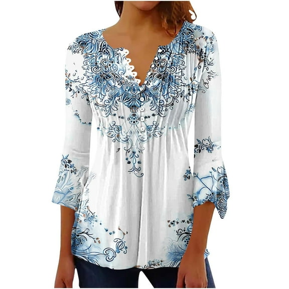 Htigea 3/4 Sleeve T Shirts for Women Floral Printed Buttons Pleated Casual Tunic Top Blouse Loose Fit Tees White,M