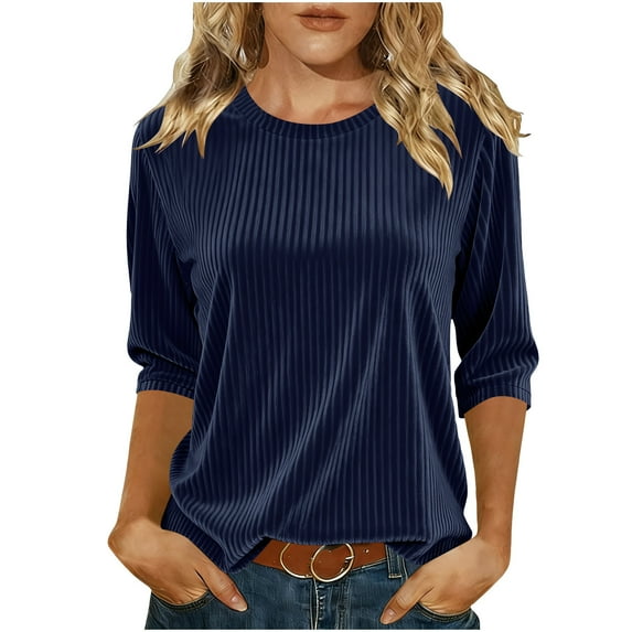 Htigea 3/4 Sleeve T Shirts for Women Velvet Crewneck Pullover Tops Casual Loose Fit Daily Tees Solid Color Basic Blouses Navy M