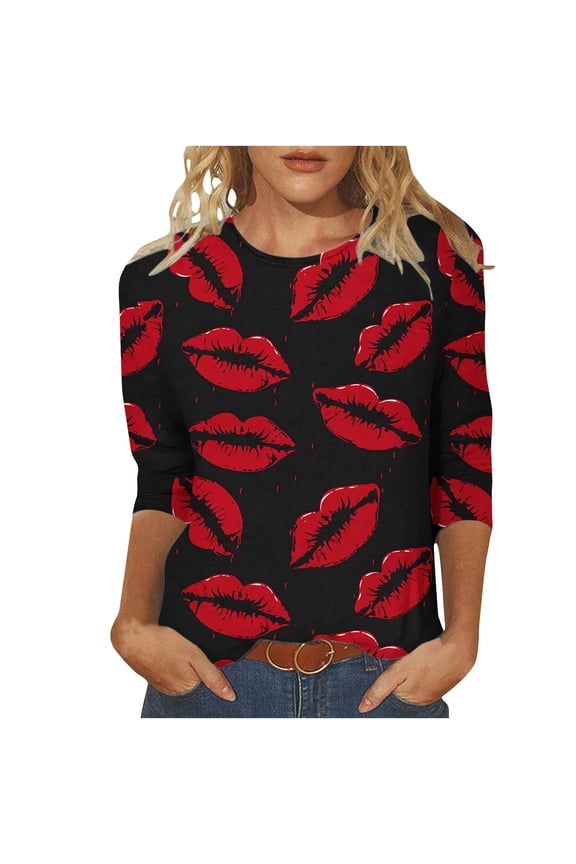 3/4 Sleeve Tops for Women Funny Lips Print Shirts Casual Crewneck Tunic Blouses Ladies Loose T-Shirts Valentines Day Tees Black,XXL