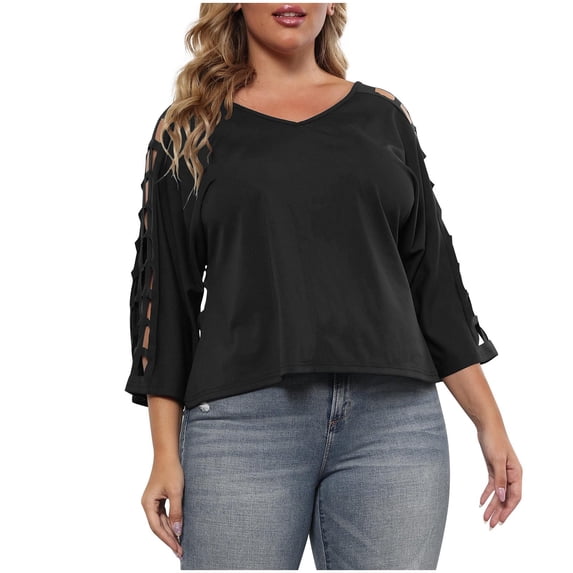 Htigea 3/4 Sleeve Tops for Women Summer V-Neck Cropped Tshirt Plus Size Casual T Shirt Solid Color Bracelet Sleeves Tees Black,XL