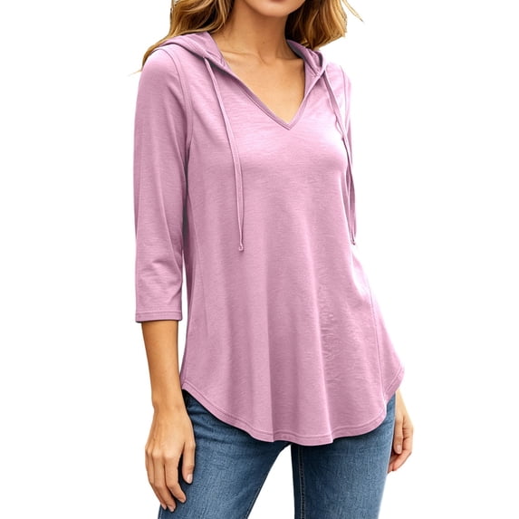 Htigea 3/4 Sleeve Tunic Hoodies for Women Drawstring Hooded V-Neck Tops Solid Color Soft Comfortable Fall Pullover Shirts Pink XXXL