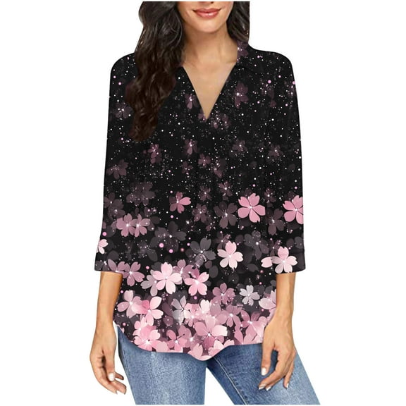 Htigea 3/4 Sleeve V Neck T Shirt for Women Collared Pleated Tunic Tee Casual Loose Fit Pullover Tops Pink,M