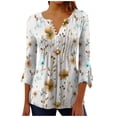 thumbnail image 1 of Htigea 3/4 Sleeve Womens Tops Floral Print Tunic Tees Pleated V Neck Button Down Shirts Casual Loose Fit Tshirt Pullover Yellow,S, 1 of 5