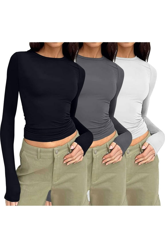 3 Pack Women's Crew Neck Tops Stretch Slim Fit Long Sleeve Sport Yoga Gym Workout Shirts Fall Base Layer Black S