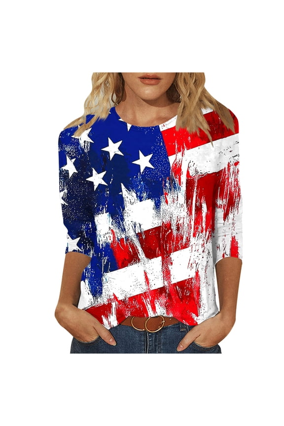 4th of July Women's 3/4 Sleeve Tops Independence Day Star Striped Print Shirts Summer Crewneck Pullover Tunic Blouses 01 Multicolor M