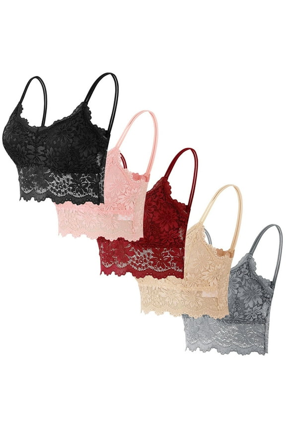 5 Pack Lace Bras for Women Solid Color Spaghetti Straps Bralettes Wireless Y2k Cropped Tops Black L