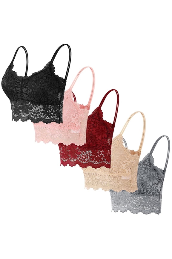 5 Pack Lace Bras for Women Solid Color Spaghetti Straps Bralettes Wireless Y2k Cropped Tops Black M