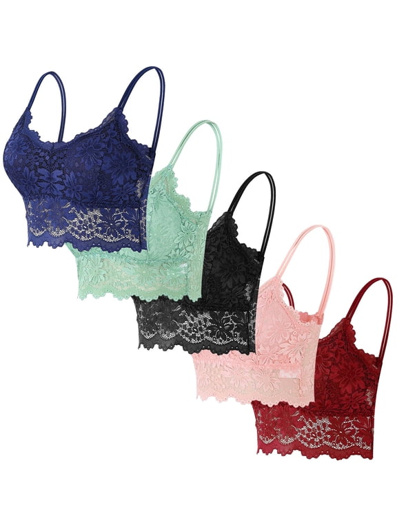 5 Pack Lace Bras for Women Solid Color Spaghetti Straps Bralettes Wireless Y2k Cropped Tops Navy XL