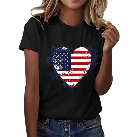 Htigea American Flag Heart T-Shirts for Women 4th of July Short Sleeve Tops Patriotic Graphic Tee Independence Day Summer Crewneck Shirts ZC Black T-Shirts M