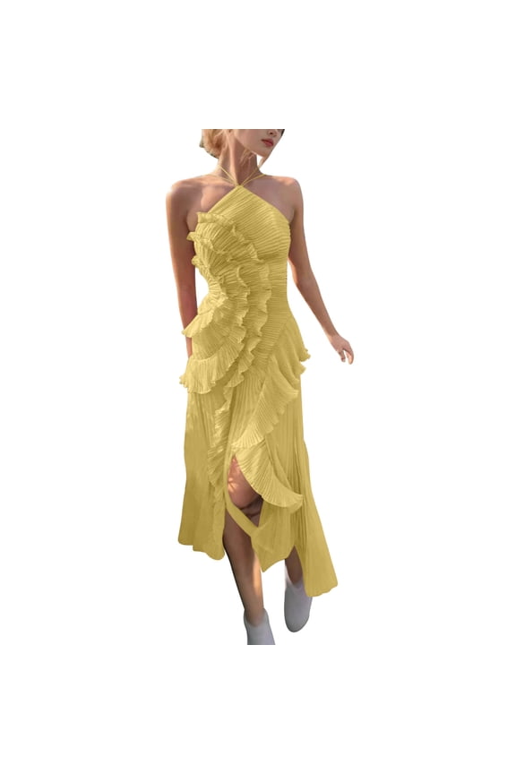 Asymmetrical Ruffle Maxi Dress for Women Summer Sleeveless Halter Dresses Chiffon Cocktail Party Wedding Guest Dress Yellow S