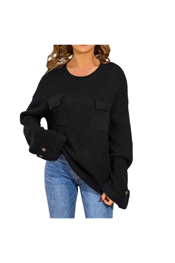 Baggy Sweaters for Women Solid Crewneck Jumper Side Split Pullover Tops Trendy Cuff Buttons Sweater with Chest Pockets Black S