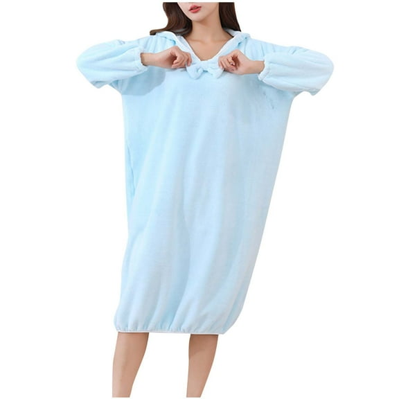 Htigea Bath Towel Dress for Women Long Sleeve Hooded Pullover Bathrobe Soft Comfy Shower Dresses Winter Sleepwear Blue,Free Size