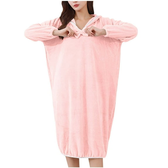 Htigea Bath Towel Dress for Women Long Sleeve Hooded Pullover Bathrobe Soft Comfy Shower Dresses Winter Sleepwear Pink,Free Size