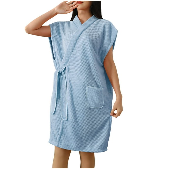 Htigea Bath Towel Robe for Women Fleece Laceup Short Shower Wrap Robes Soft Comfy Quick Dry Absorbent Bathrobe Blue,Free Size