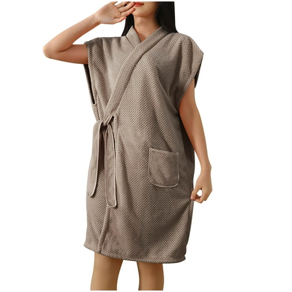 Htigea Bath Towel Robe for Women Fleece Laceup Short Shower Wrap Robes Soft Comfy Quick Dry Absorbent Bathrobe Gray,Free Size