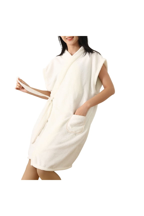 Bath Towel Robe for Women Fleece Laceup Short Shower Wrap Robes Soft Comfy Quick Dry Absorbent Bathrobe White,Free Size