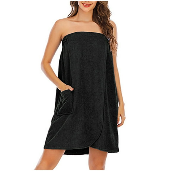 Htigea Bath Towel for Women Terry Cloth Snap Closure Shower Wrap Robe Soft Absorbent Towels with Pocket Black,S